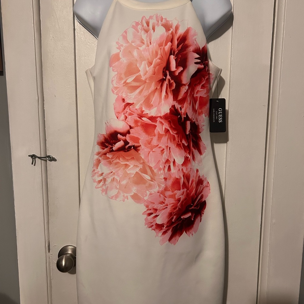 GUESS White Midi Dress with Pink Floral Cluster